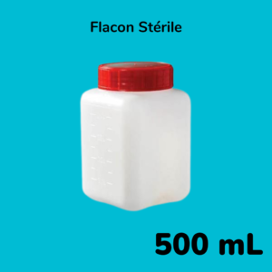 Flacon stérile à col large 500 mL - PEHD. Pour prélèvement microbiologique stérile, analyses boissons : bière, bière sans alcool, soft-drink, vin, cidre